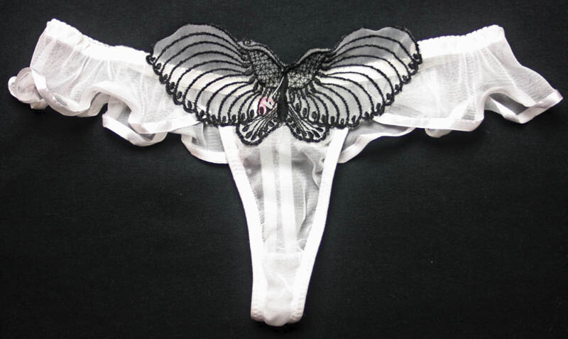 Ruffled Sheer White Mesh Butterfly Lowrise Thong – Size Medium