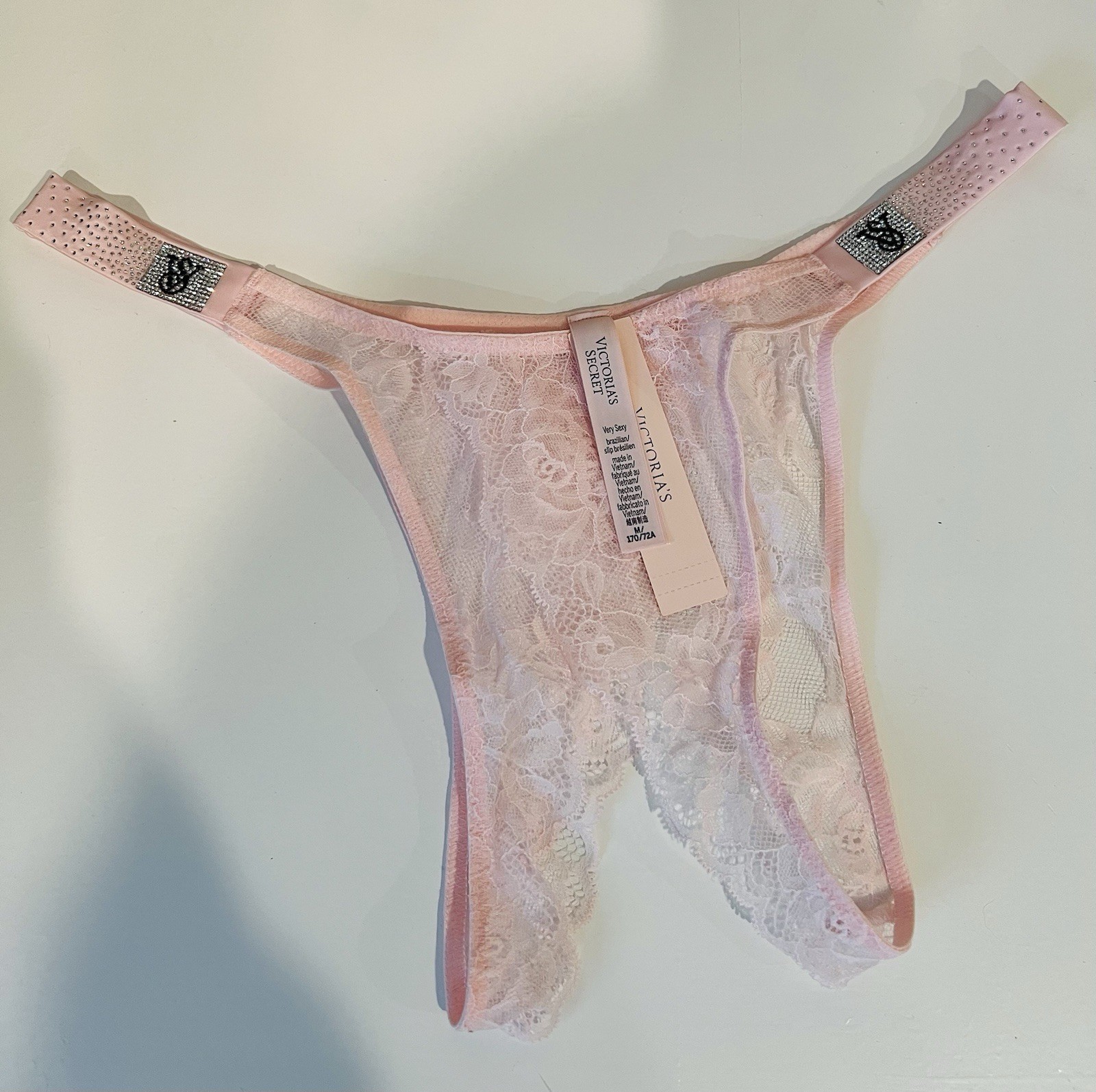 Victoria’s Secret Shine Strap Lace Crotchless Brazilian Panty M ANGEL PINK NWT