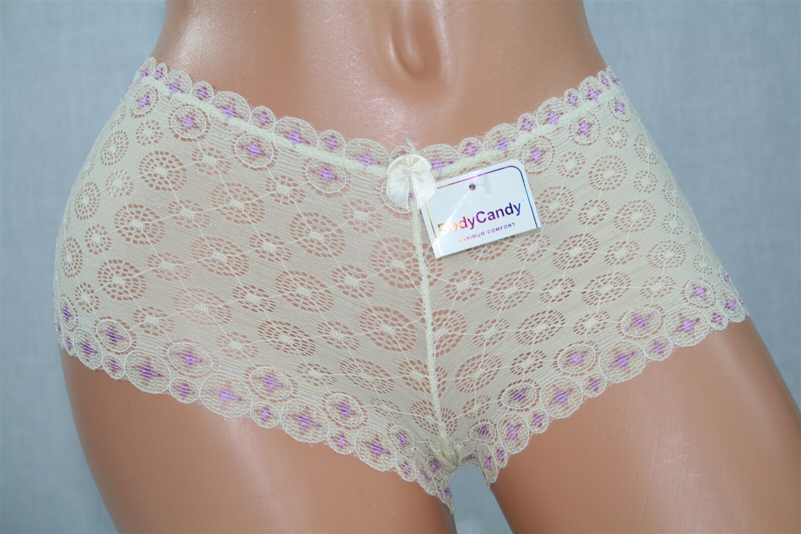 Ivory Boyshort, Circles Some With Sparkles, Purple Stitching & Bow Size S