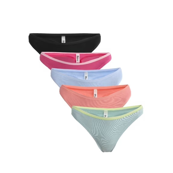 No Boundaries Women’s 5-Pack Cotton Thong Panties, Assorted Colors Size XS(0/2)