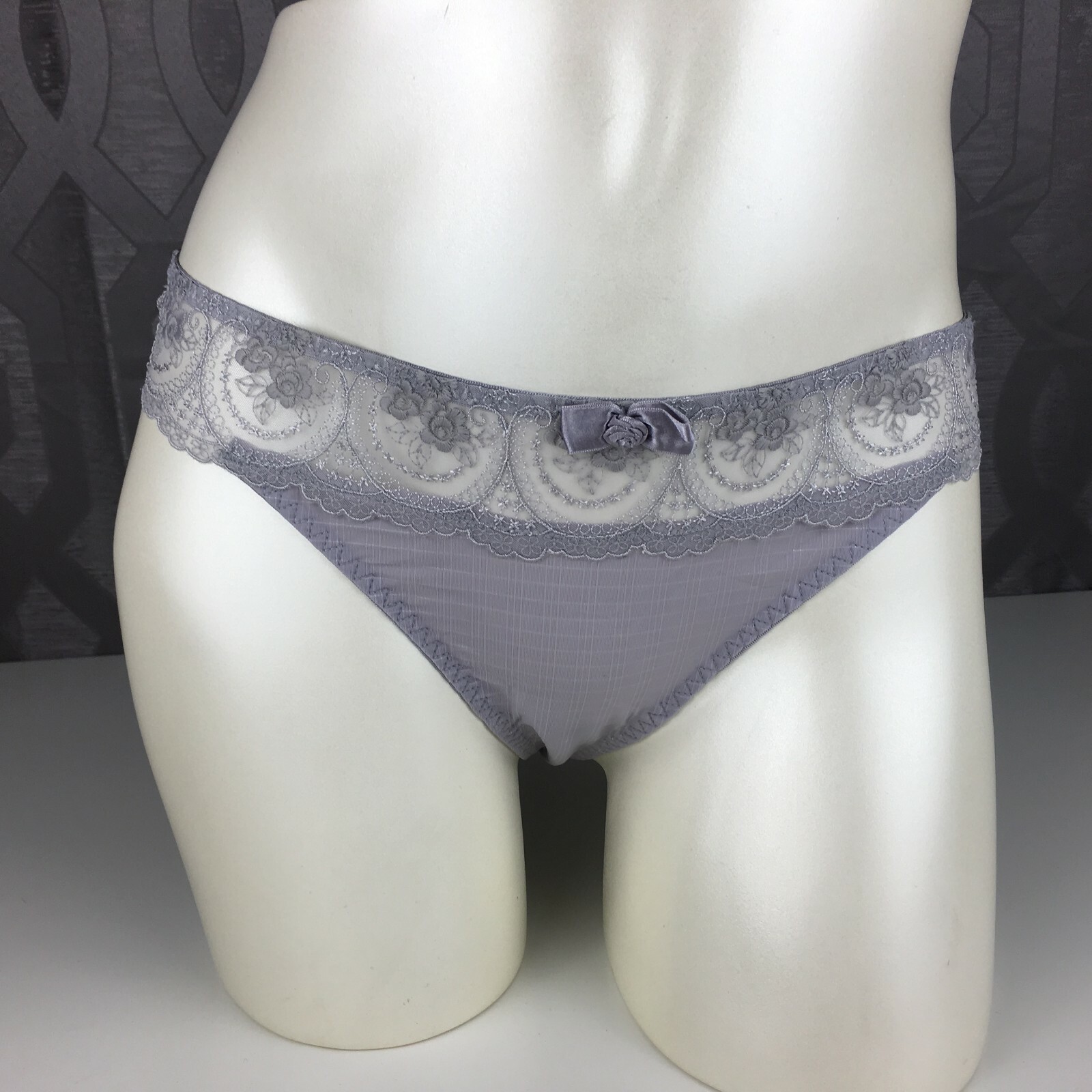 ALEGRO Soft Grey Embroidered Sheer Thong Panty Lingerie with Lace Trim – 9017D