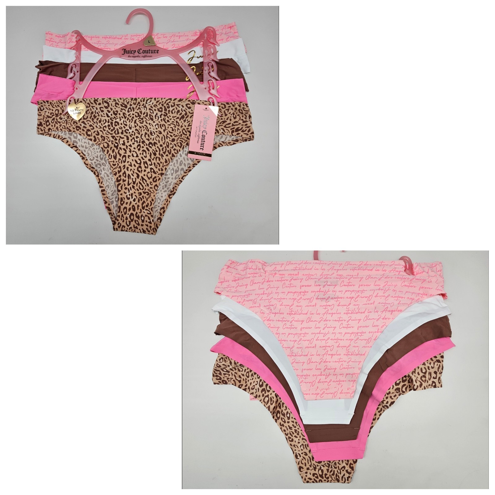 JUICY COUTURE 5 Pack Women’s L XL Logo V Shape Panties Pink White Brown Fuchsia
