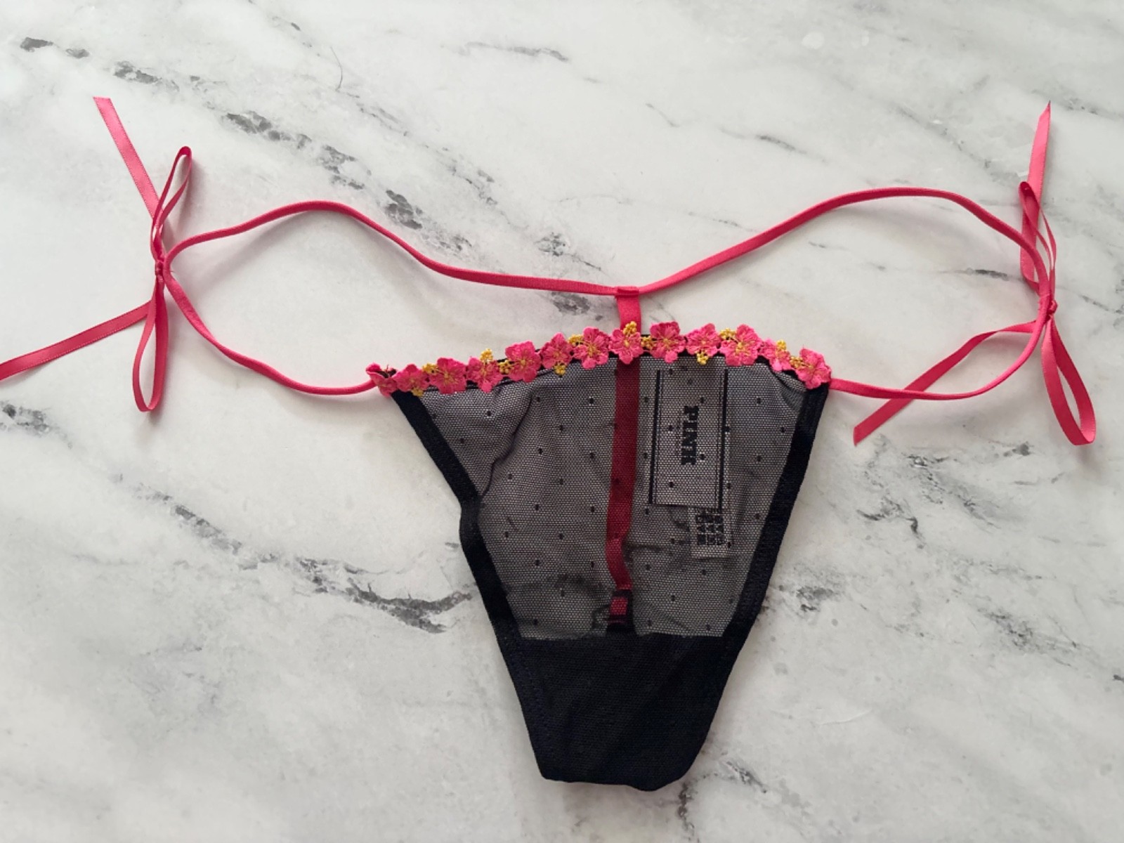 PINK Victoria’s Secret V String Panty Black Mesh Side Tie Embroidered Floral Nwt