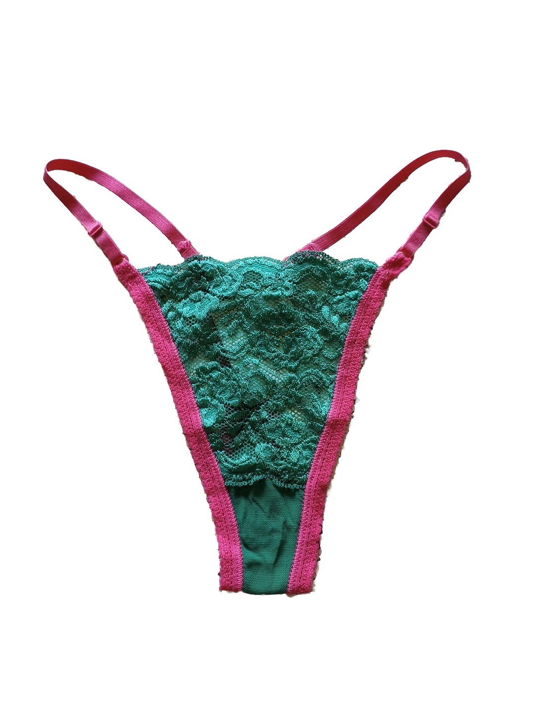 vintage 90s Thong Underwear Green Stretch Lace Hot Pink Trim Junior L NWT