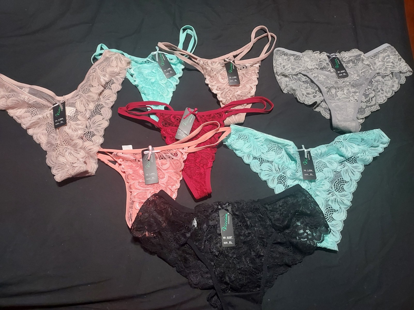Set Of 8 Womans Laced Thongs, Laced Cheeky Underwear Size Xl Neww With Tags.