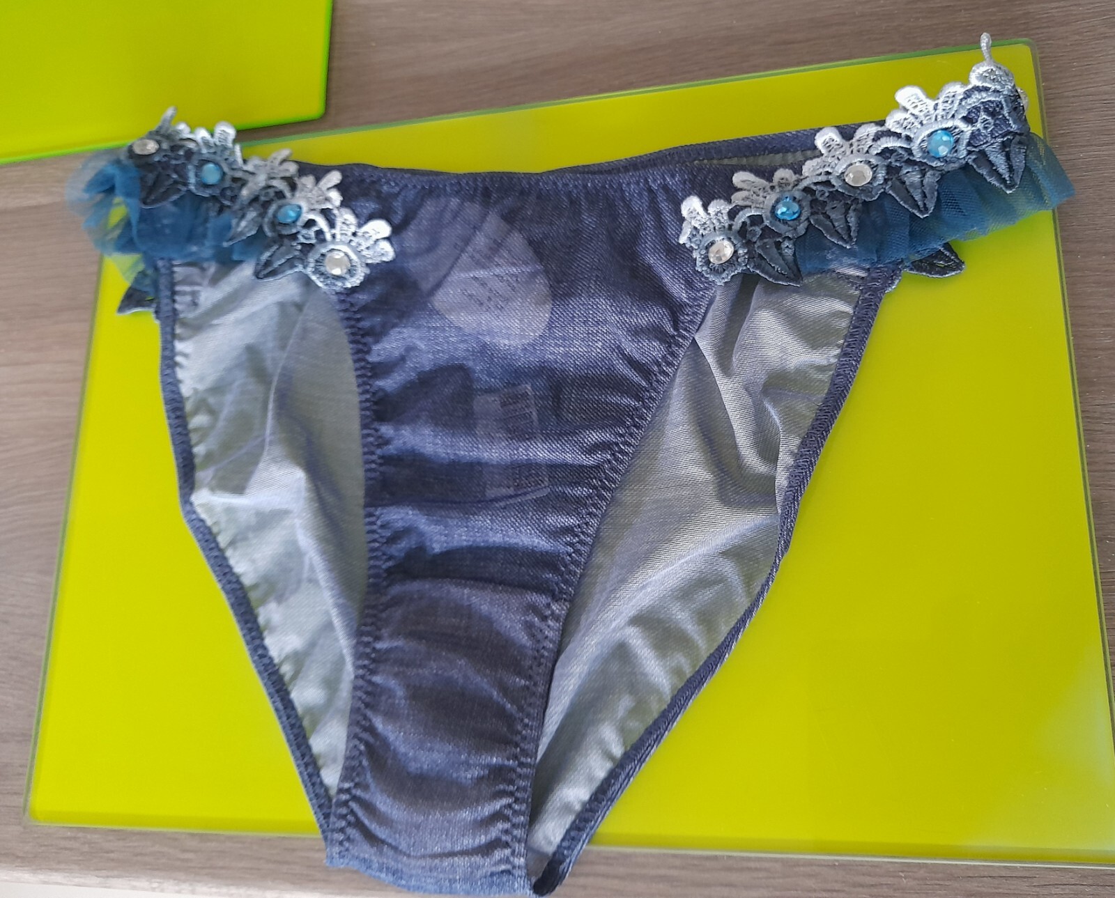 Janet Reger London Sheer Blue Denim Mesh Hipster Brief Lace/Jewels/Ruffles