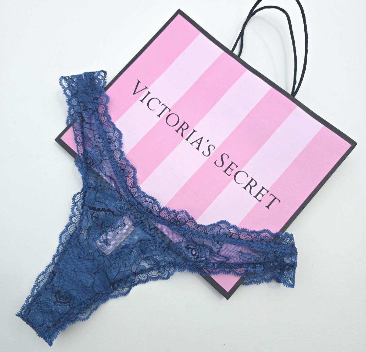 NWT Victoria’s Secret VERY SEXY Rose Lace High-Leg Thong Panty L Denim Blue Lace