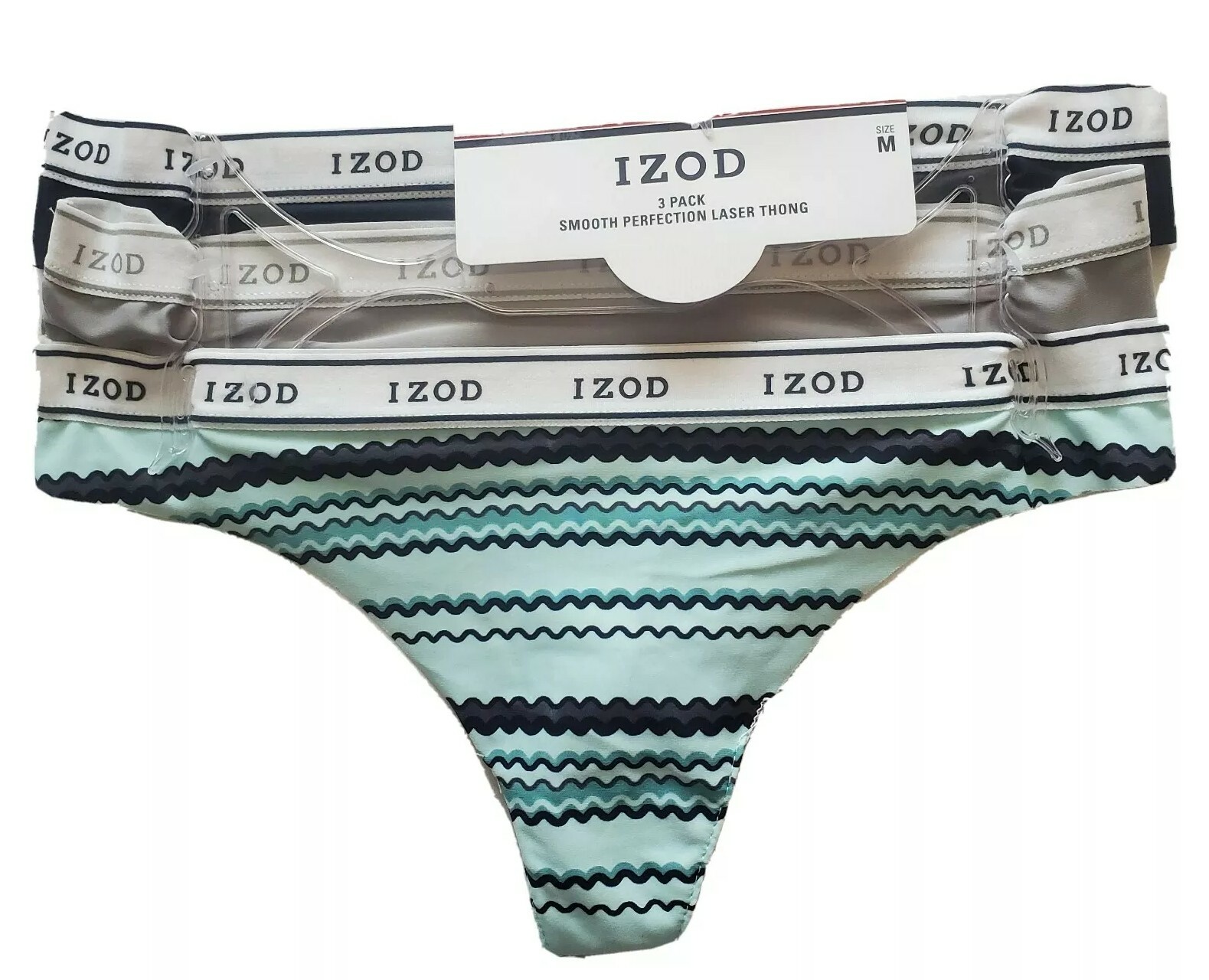 3 Pair IZOD Laser Cut Thong Panties, Size L, Teal, Gray, Navy Blue, MP