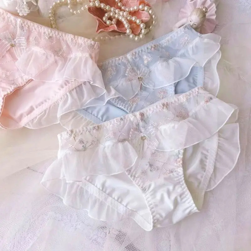 Floral Embroidery Briefs Mid Rise Ruffle Lace Underwear Panties Women Soft