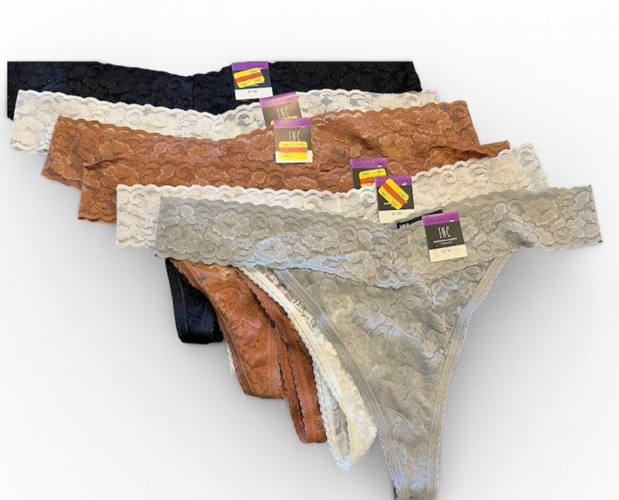 Ladies Plus Size XXL Lace Thongs Lot of 6 Pair NWT White Latte Black Panties INC