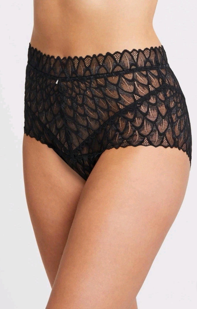 NWT Montiel’s Intimates Lacy High Waist Brief Feather Pattern Black/Silver Sz L
