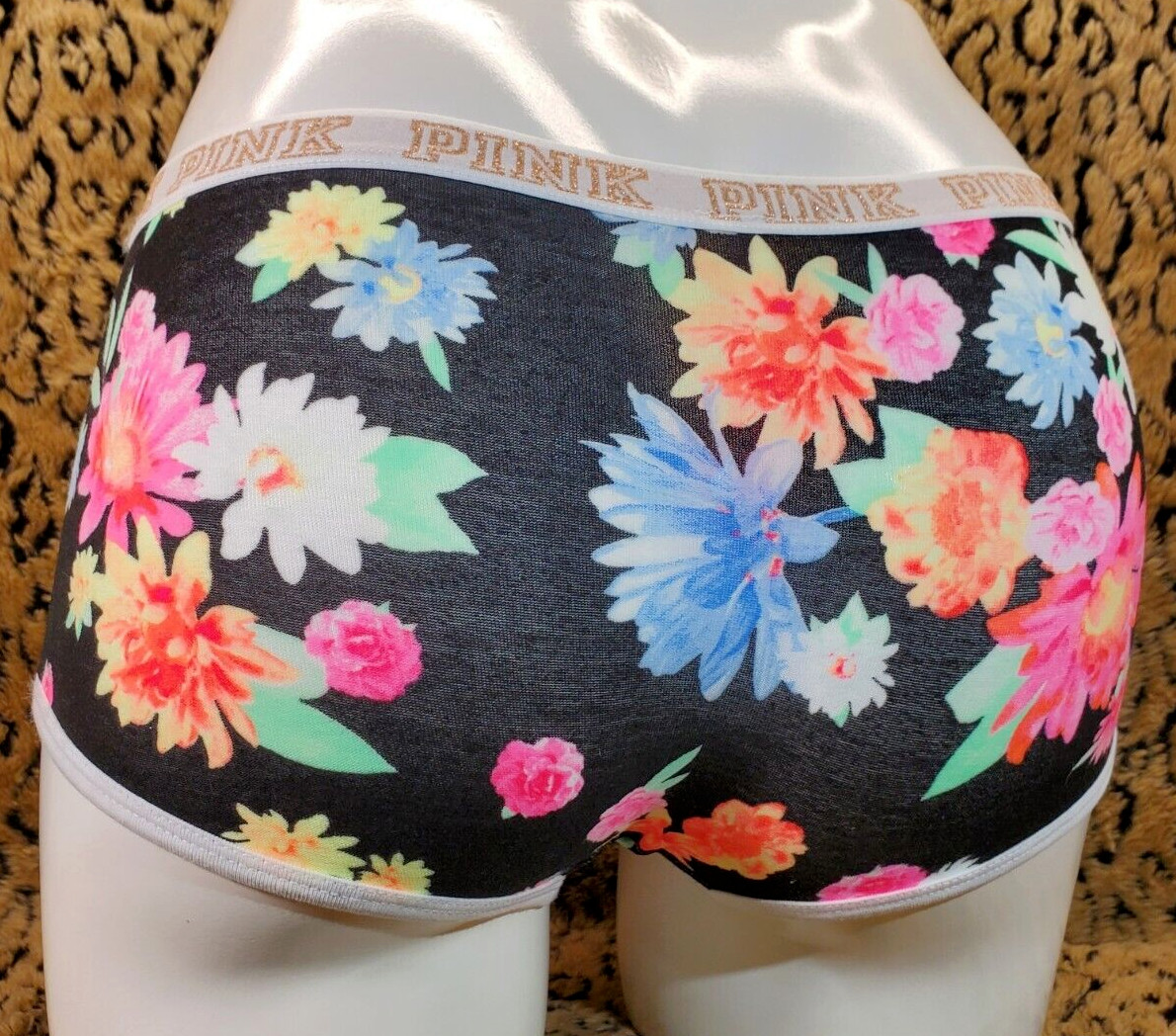 Victoria’s Secret Gold Glitter Logo Black Floral HipHugger Hipster Panty XS Sexy