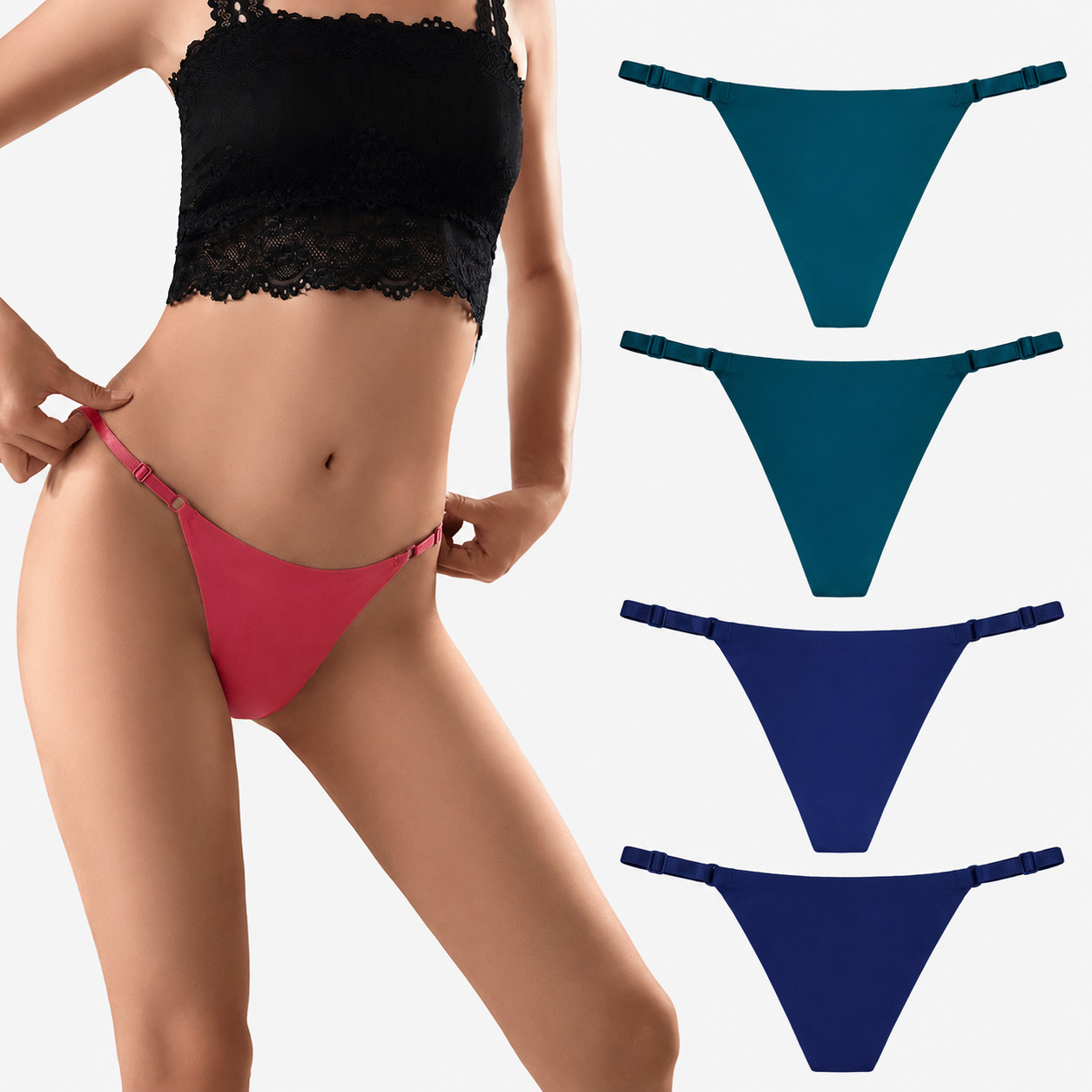 4 Pack S Women Adjustable Strap Thong Panties Low Rise G-String Underwear