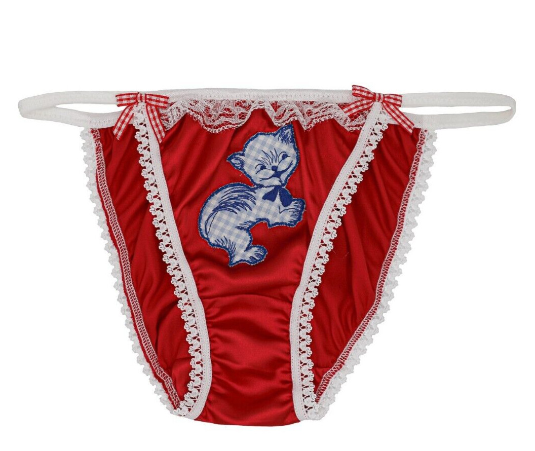 Reworked Red & Blue Kitty Gingham Bow Satin Briefs Size Small honeymoon lingerie