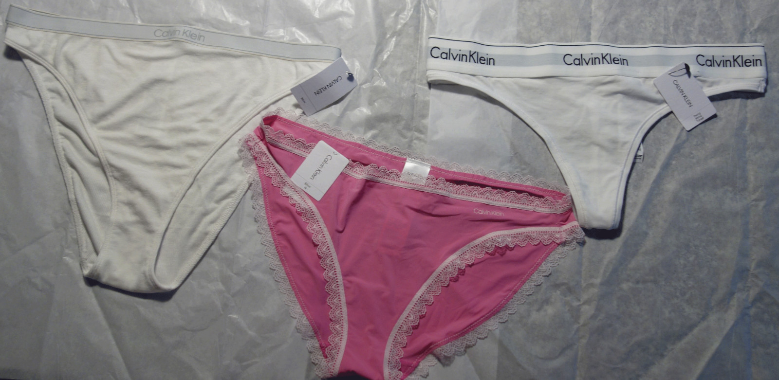 3 CALVIN KLEIN Women’s BIKINI THONG Panties Underwear WHITE & PINK Sz M NWT $55