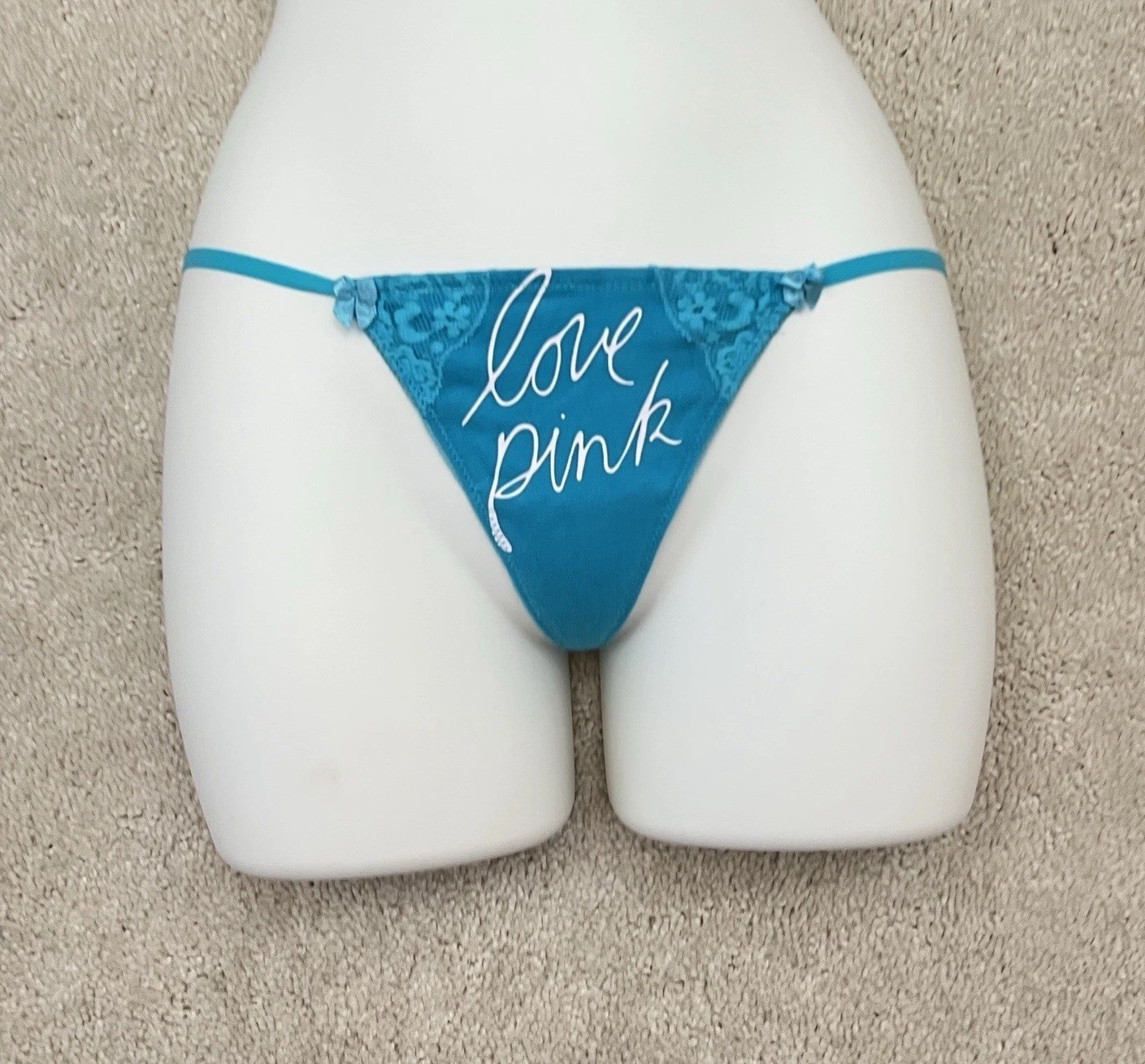 NEW Victoria’s Secret VTG PINK Blue Logo Cotton Lace V-String Thong Panties XS