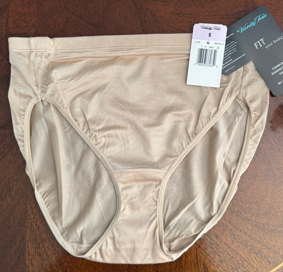 New VANITY FAIR Comfort Essentials HI CUT SATIN BRIEF Beige Tan Size 6 NWT