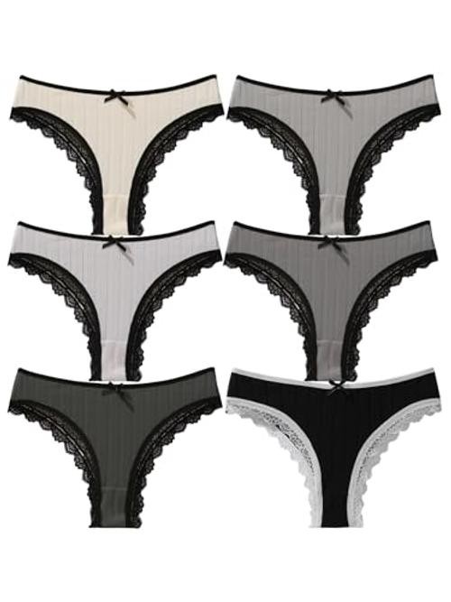 Women’s Lace Trim Ribbed Thongs, High Waist X-Large Multicolor Greige Shades