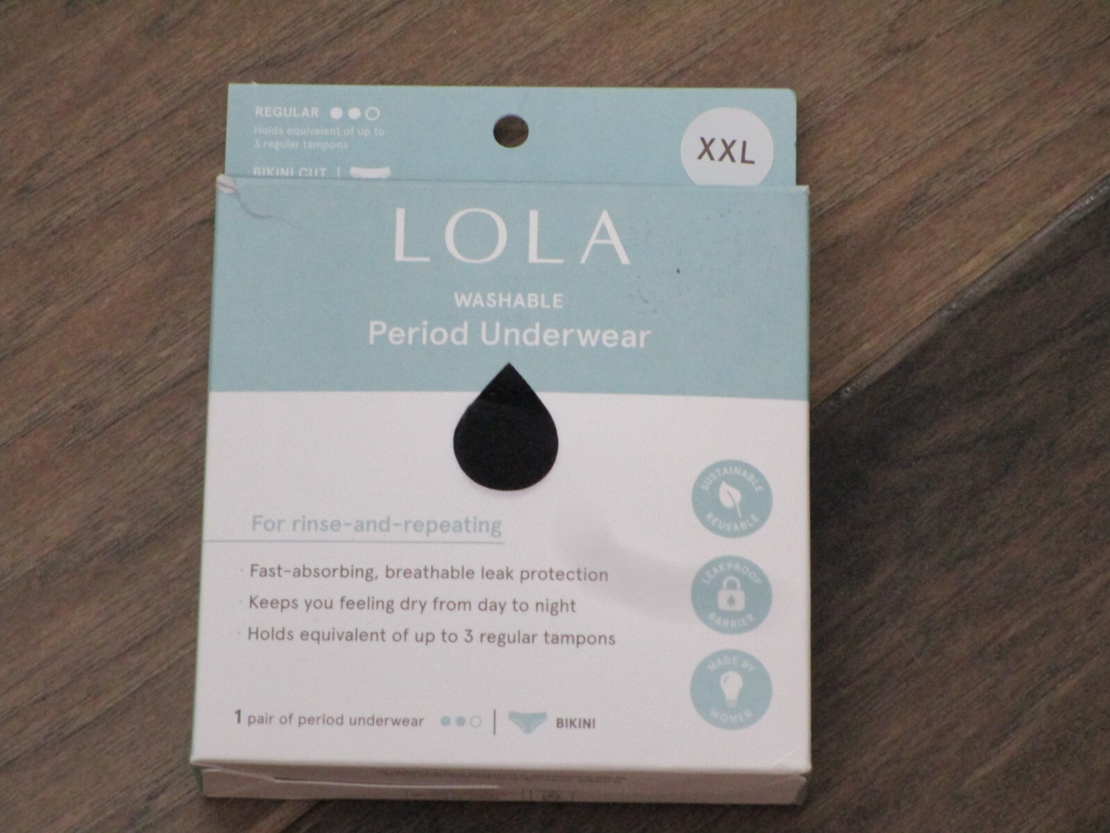 LOLA WASHABLE PERIOD REGULAR ABSORBENCY BLACK BIKINI PANTIES SIZE XXL NEW