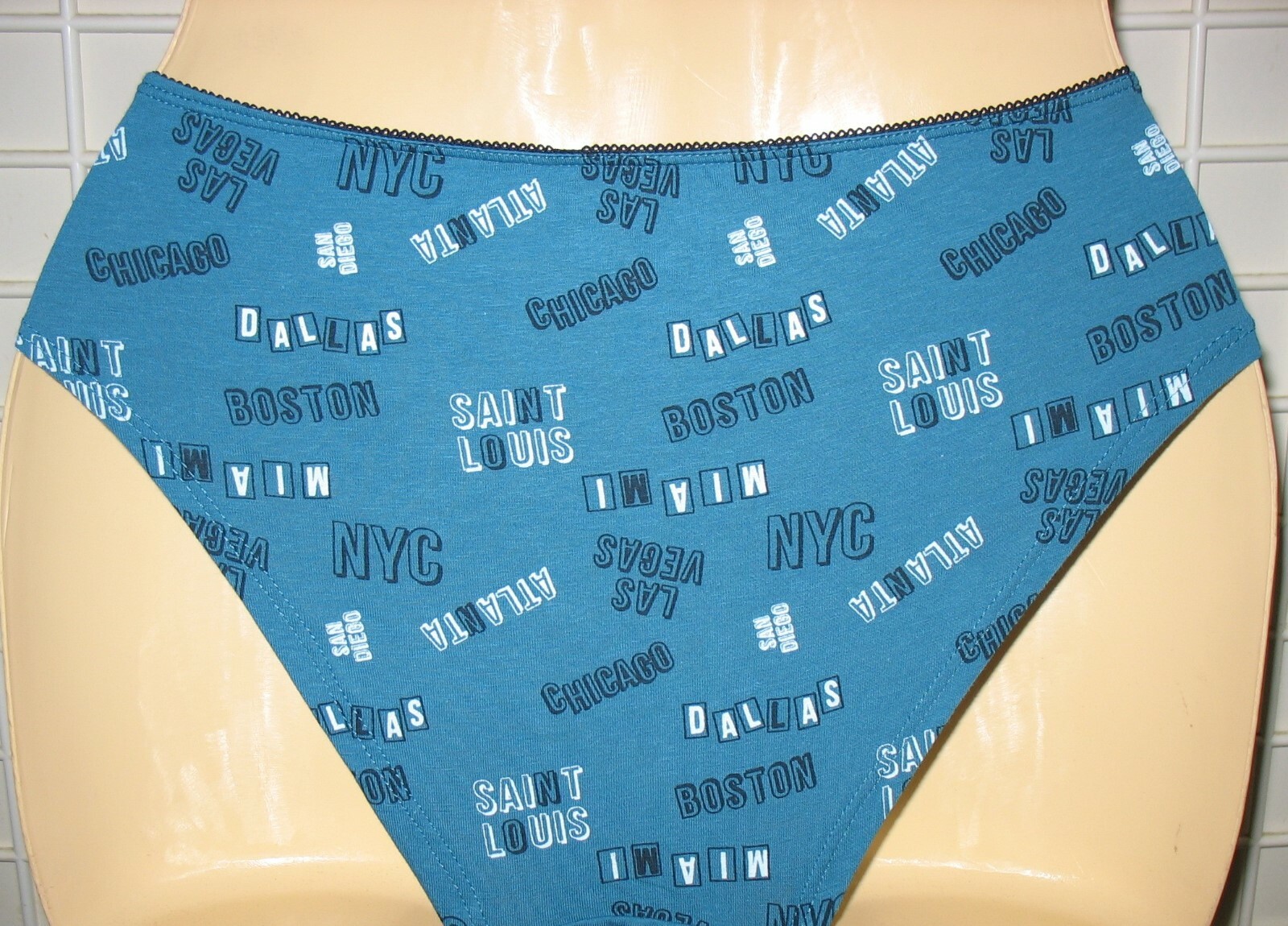AERIE – NEW – SMALL – BLUE ” CITY NAMES ” – COTTON STRETCH HIPSTER PANTY