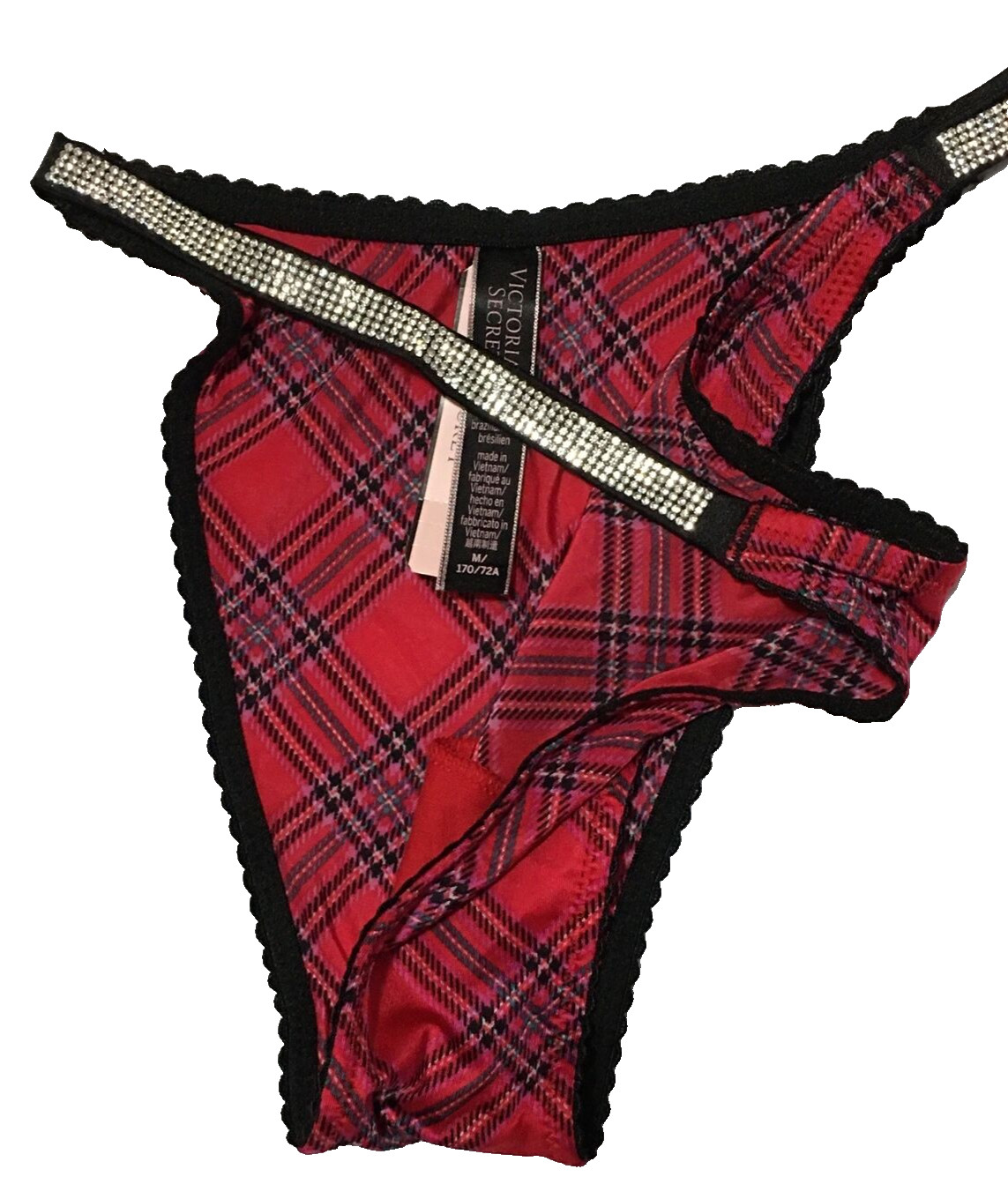 Victoria’s Secret Red Plaid Shine Strap Brazilian Panties M Rhinestones Sparkle