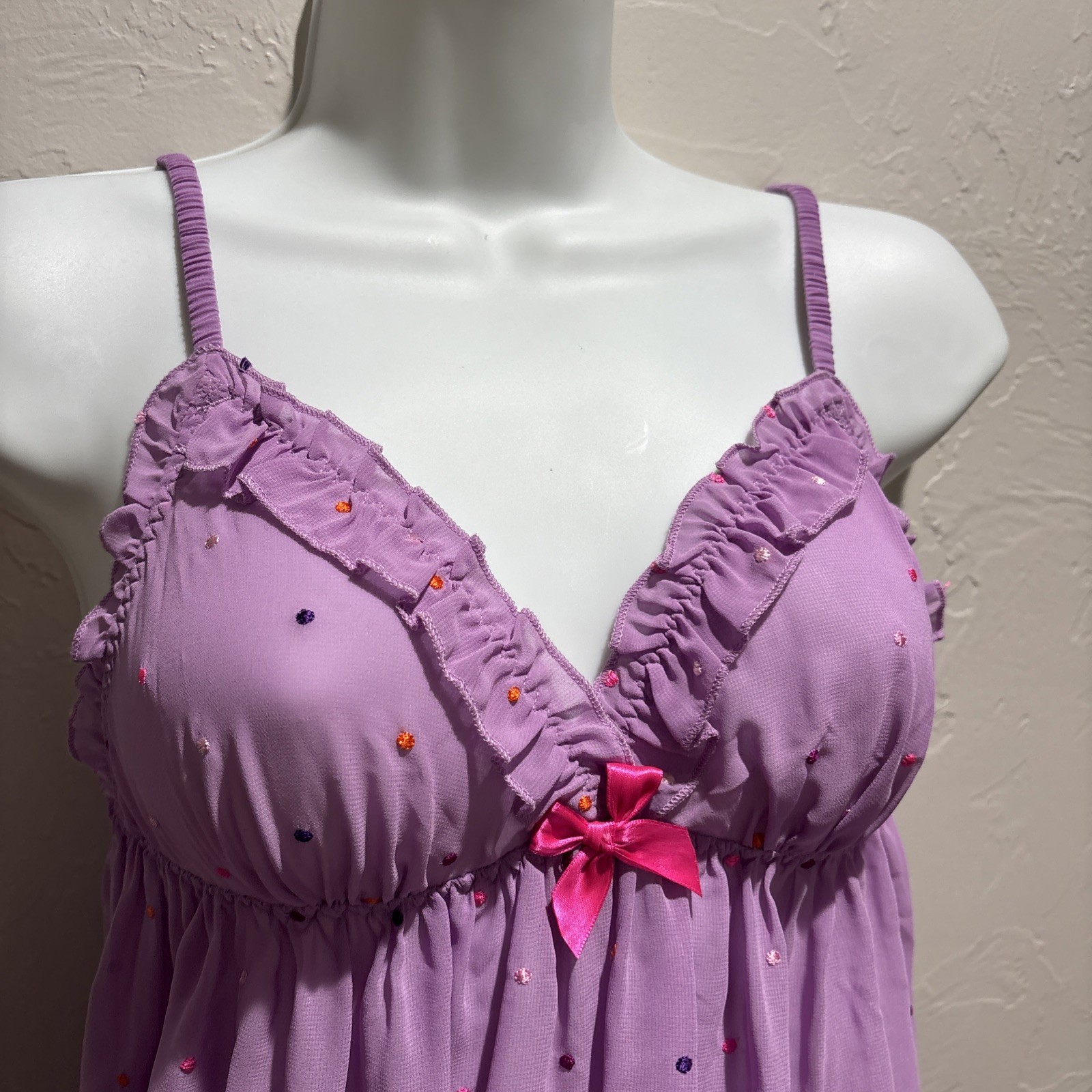Victoria Secret Embroidered Polka Dot Babydoll & Panty -purple lavender S/P NWT