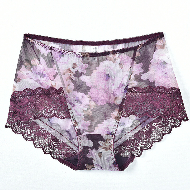 Women’s Large Size Antibacterial Breathable Printed Lace Seamless Mesh Panties