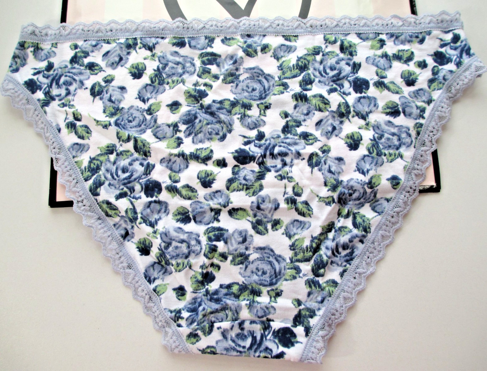 VICTORIA’S SECRET Cotton Bikini Panty S M L XL Blue NWT Floral VS Lace Trim