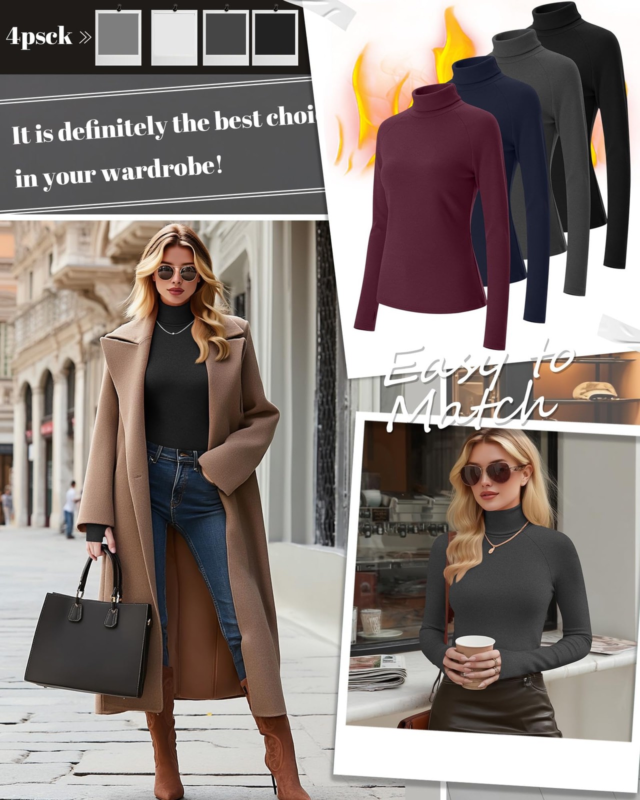 4 Pack Women’s Turtleneck Shirts with Thumb Holes Long Sleeve Thermal Tops El…
