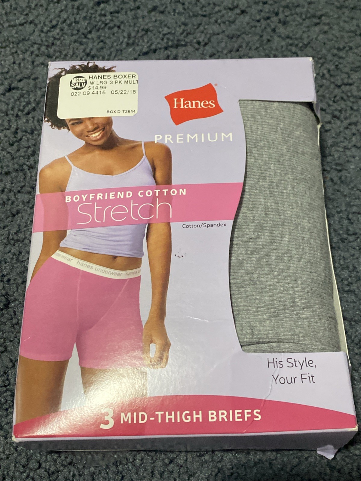 3 Women Hanes Boyfriend Cotton Stretch Mid Thigh Briefs. Size 7/L, With Defects