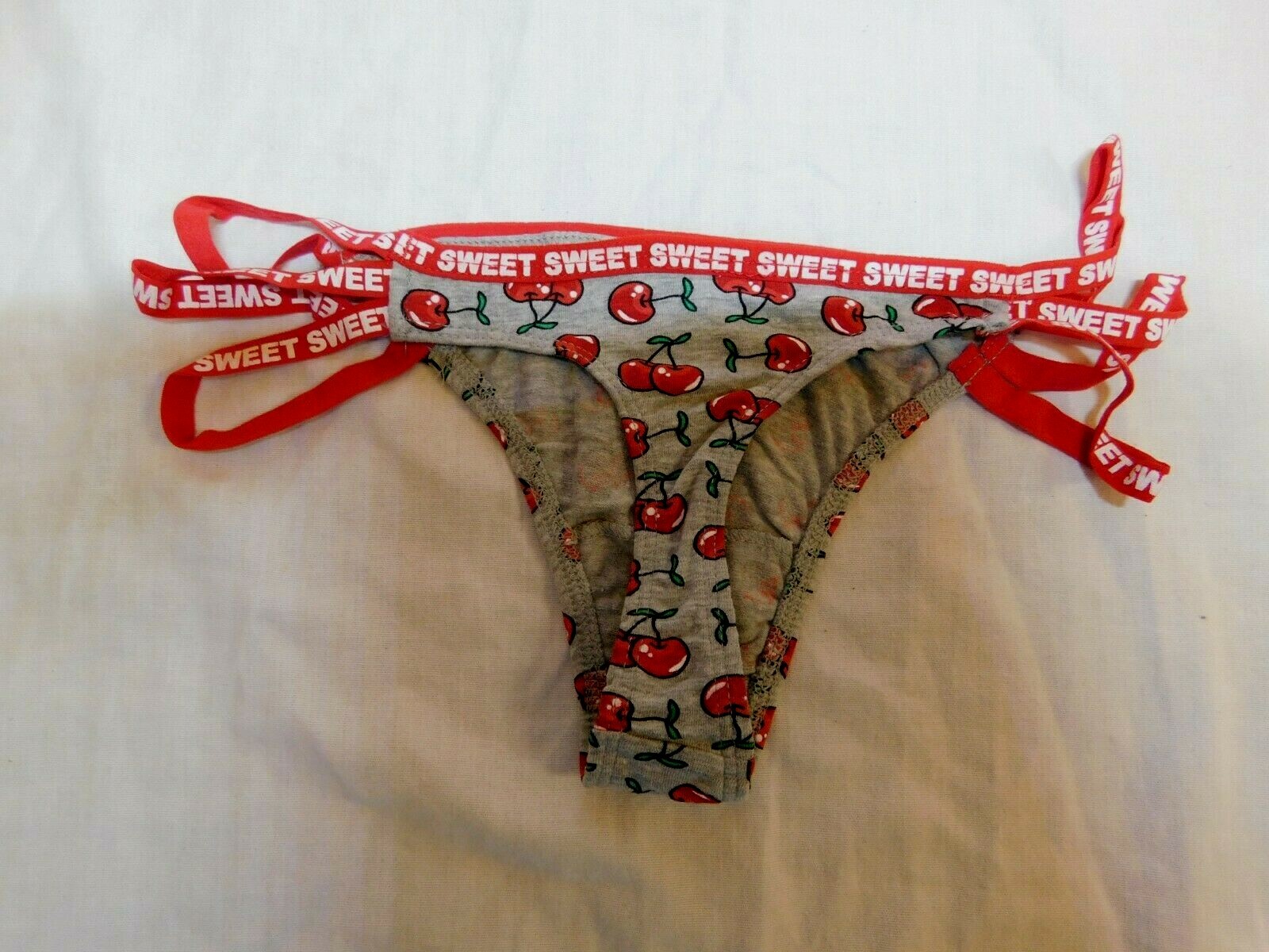 Rue 21 Women’s Thong Panties MEDIUM W Strappy Sides Sweet Cherries Gray & Red