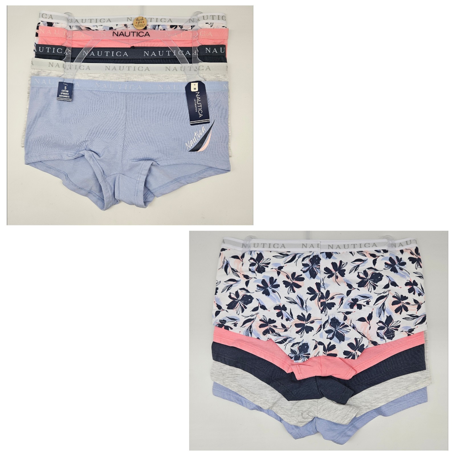 NAUTICA 5 Pack Women’s M L XL Cotton Logo Boy Shorts White Peach Navy Gray