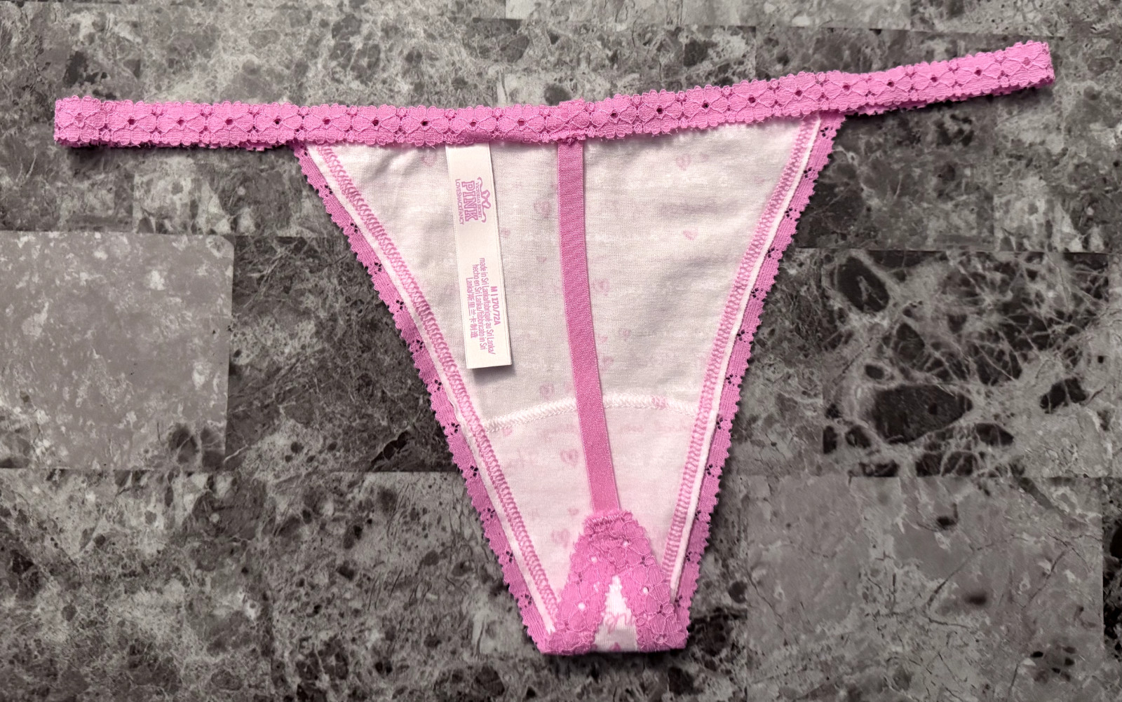 LOVESHACKFANCY VICTORIA’S SECRET PINK LOGO LACE ROSE APPLIQUE V STRING PANTIES