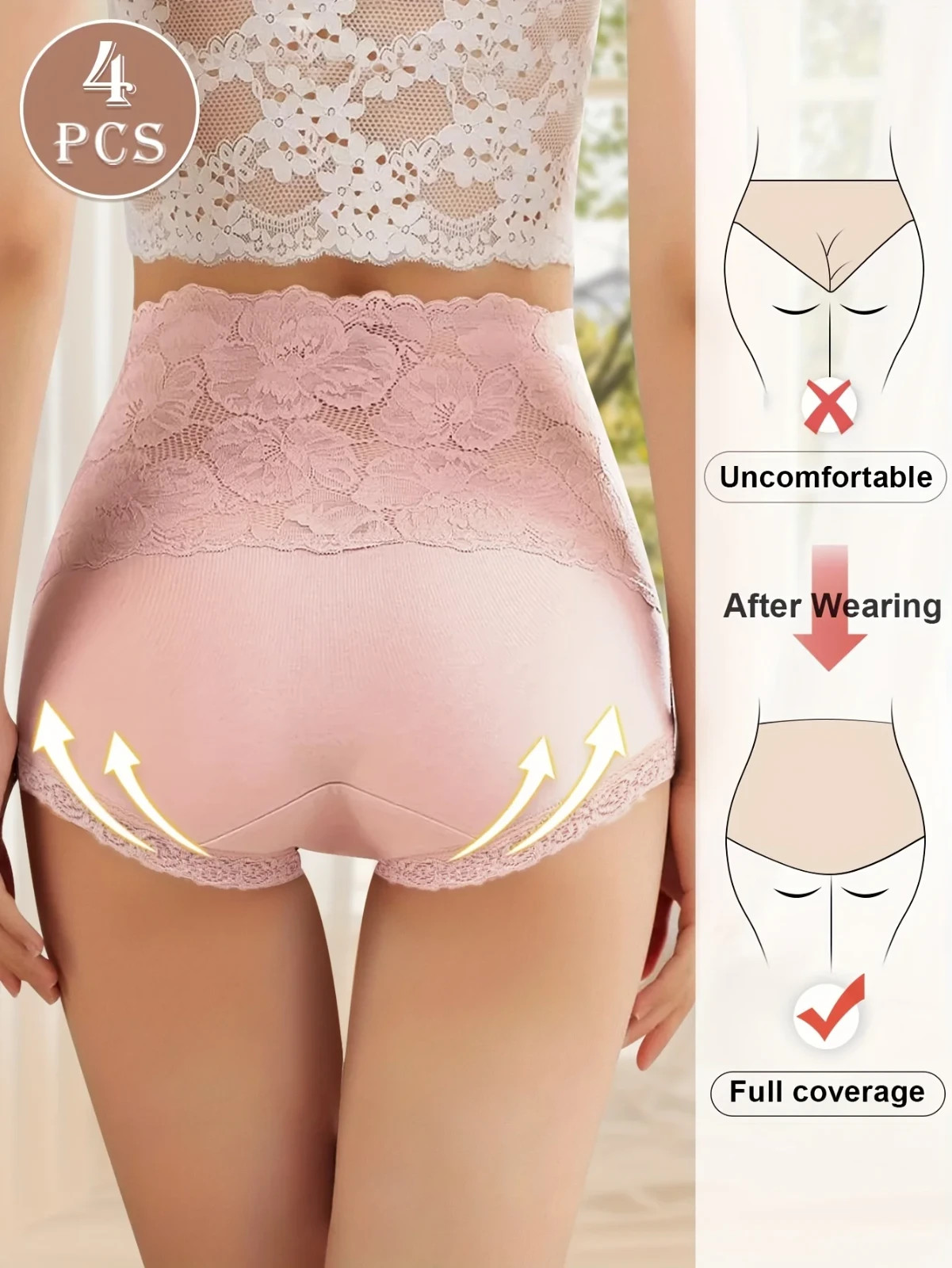 4pcs High Waist Cotton Jacquard Pattern Sexy Lace Hip Lift Shape Briefs Panties