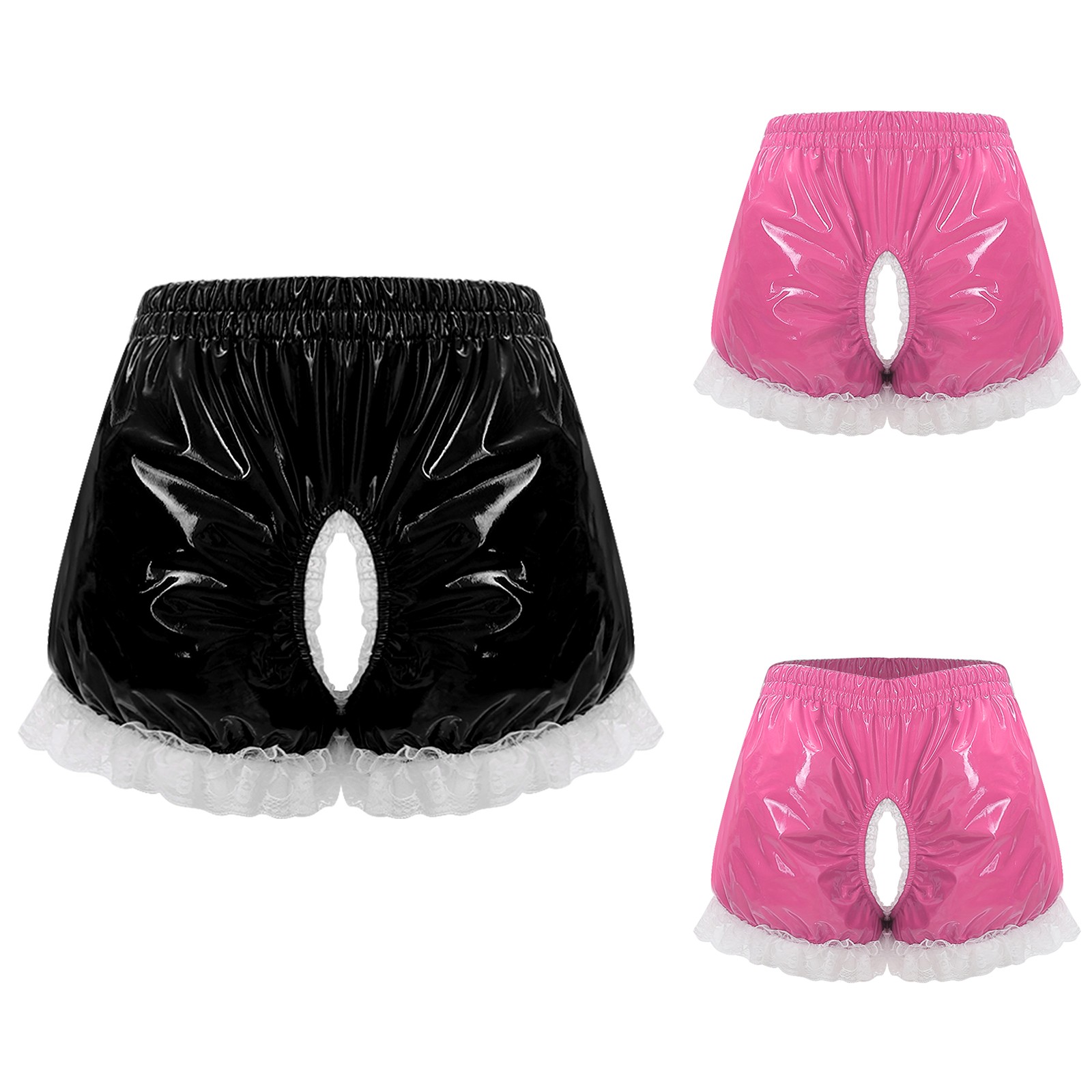 Women Briefs Pvc Bloomers Shorts Leather Panties Patent Underwear Maid Ruffle