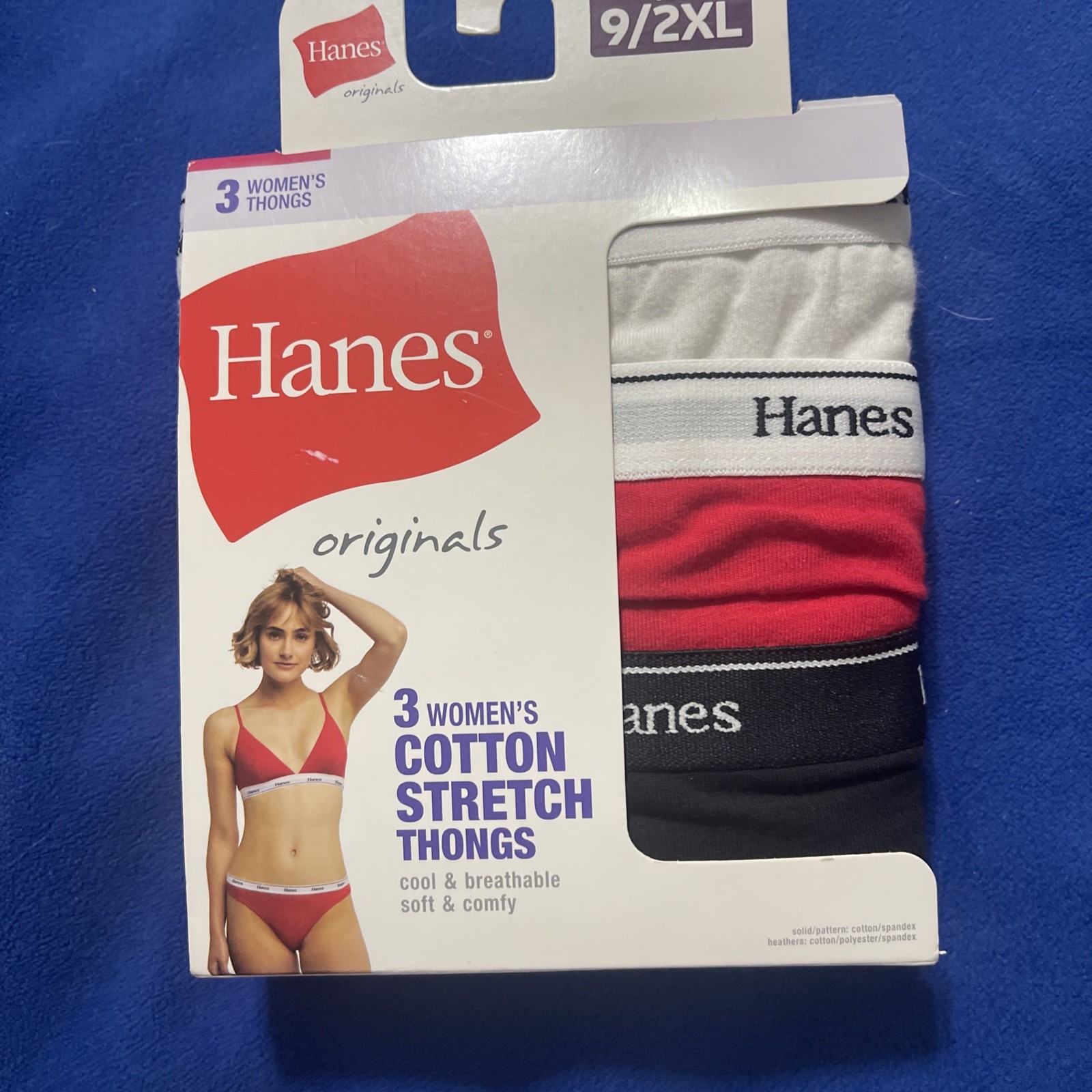 HANES Women’s 3-Pack Cotton Thong Underwear Panties Red Black White Size 2XL/9