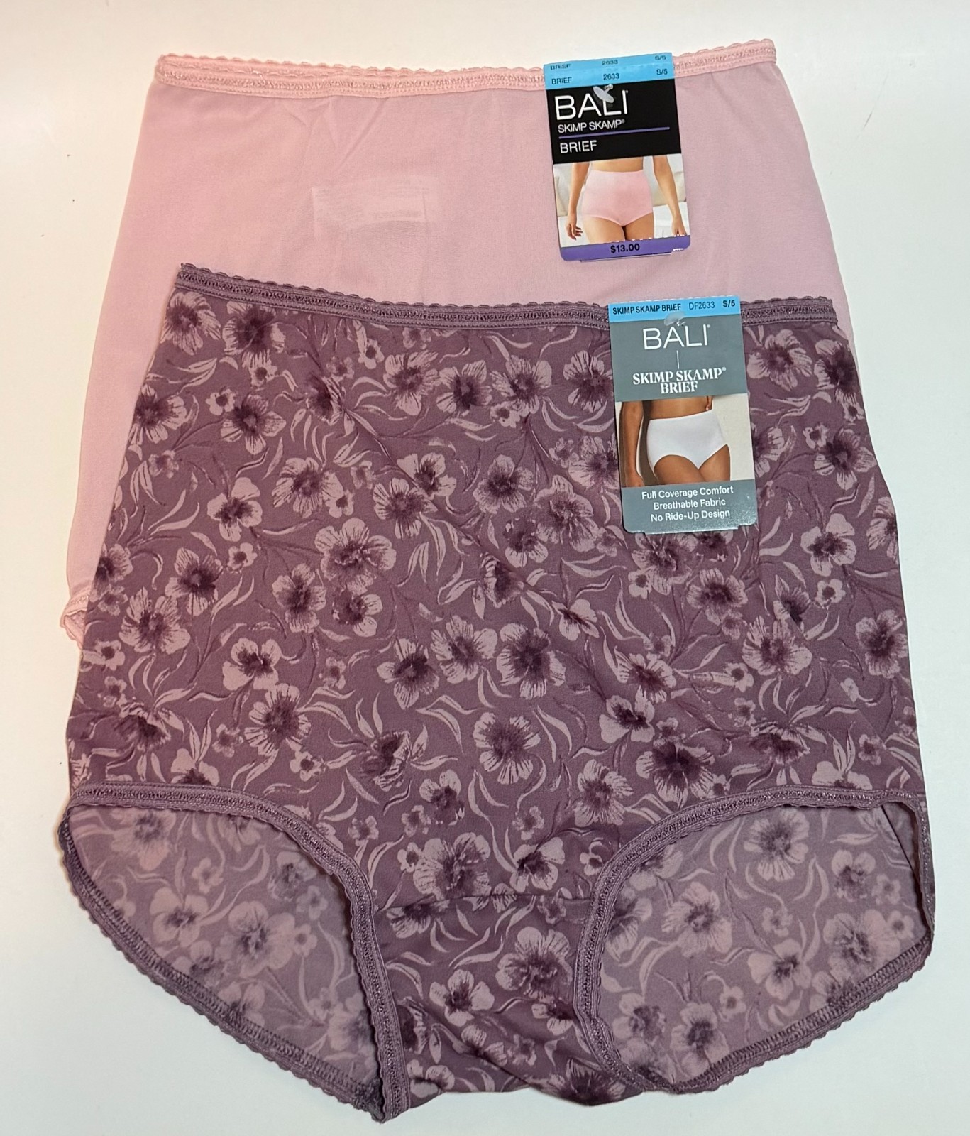 NWT 2 Bali Skimp Skamp Brief Panties 2633/DF2633 Pink/Floral Size 5/S