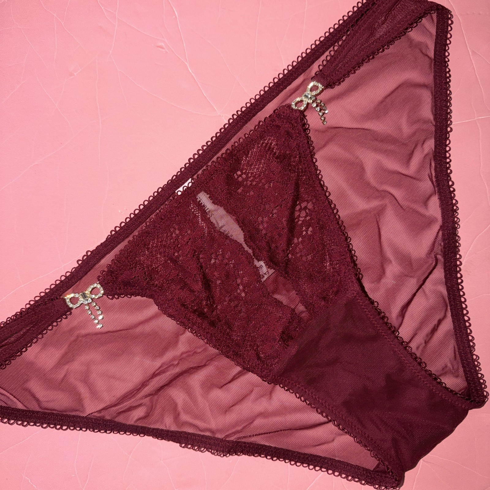 Victoria’s Secret L Bikini panty SANGRIA RED Maroon Mesh lace SHINE STRAP BOW