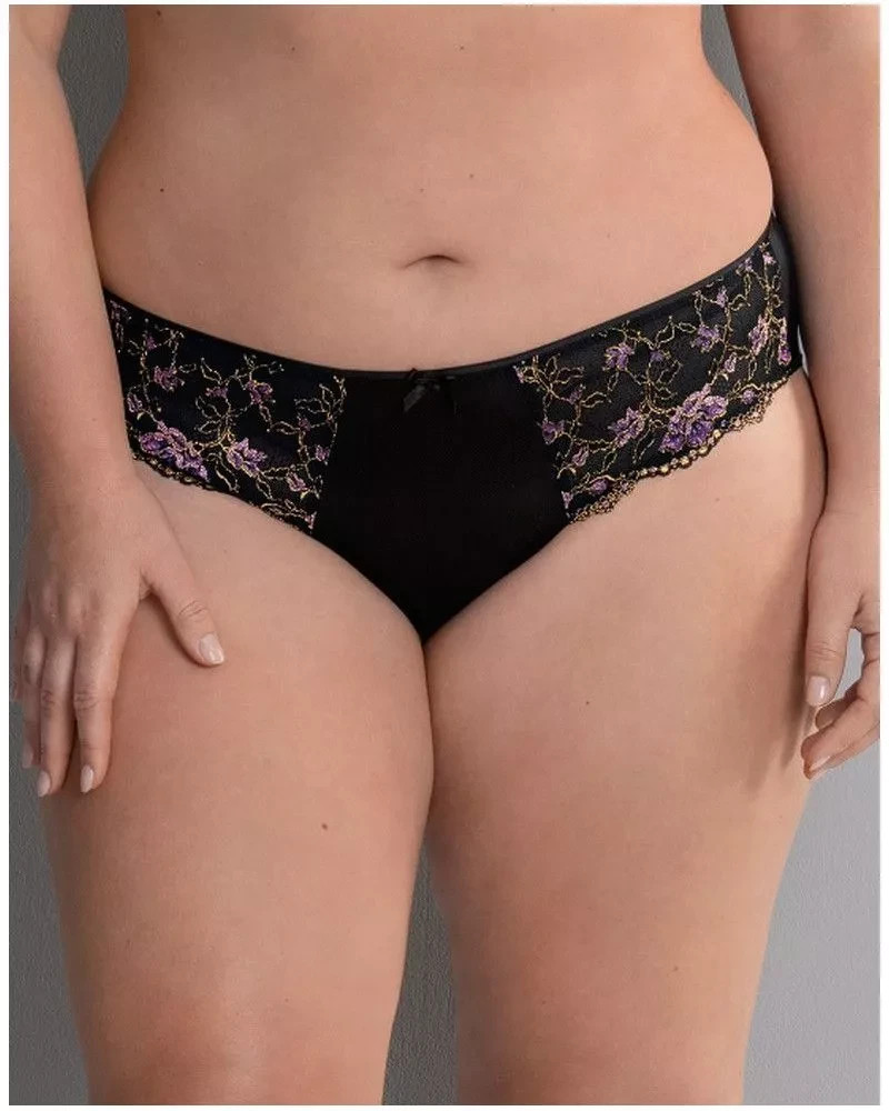 Rosa Faia High Waisted Brief UK32 Black W Gold/Lilac Floral Embroidery RRP £39