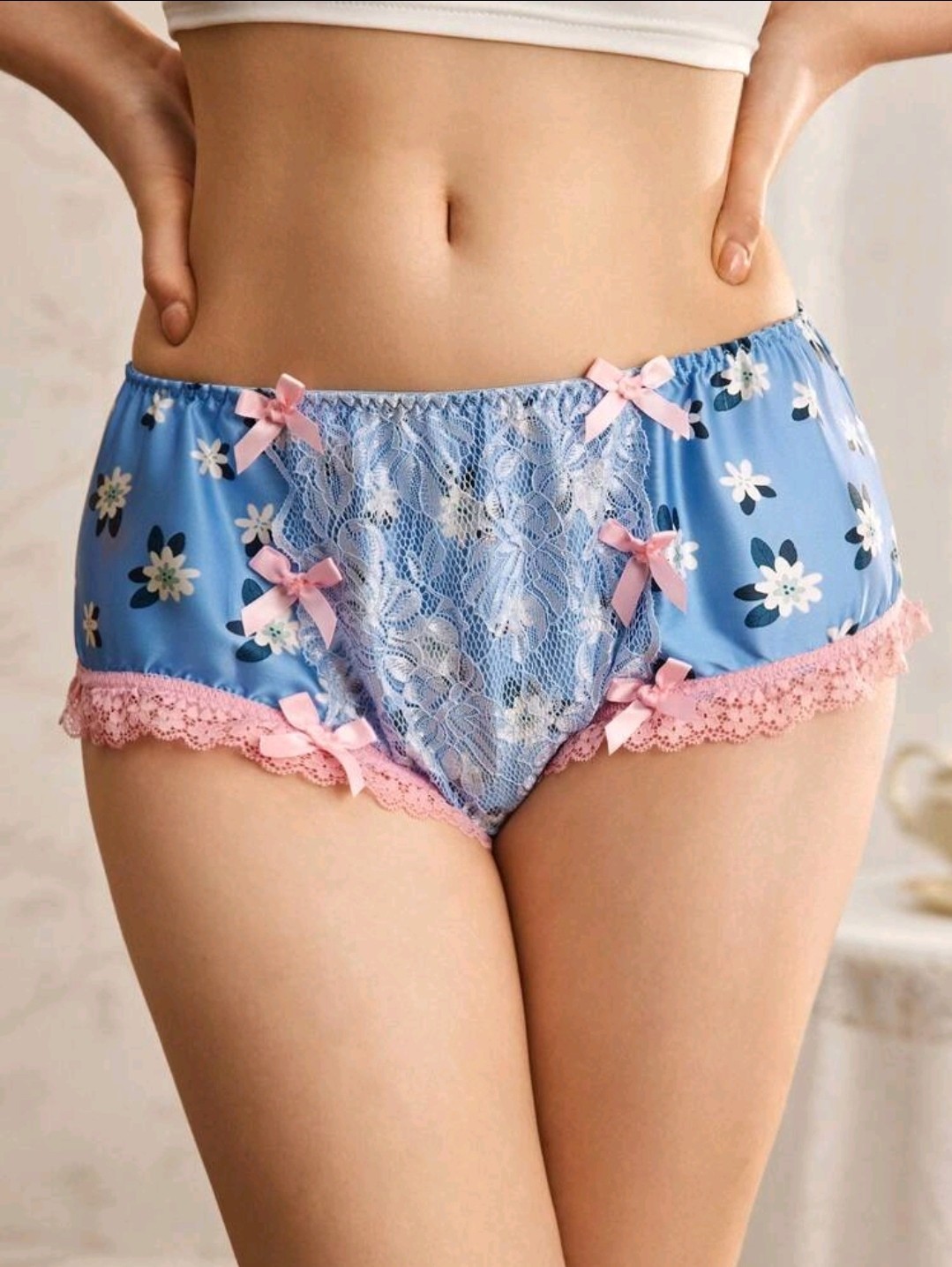 Cute Blue Floral Retro Style Silky Satin Hipster Sissy Panties Knickers XL UK 16