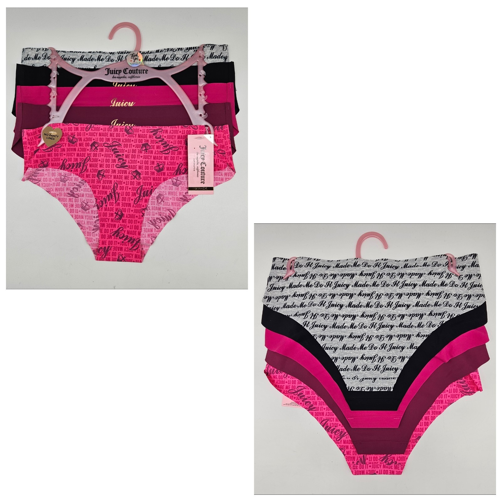 JUICY COUTURE 5 Pack Womens S M L XL No Panty Lines Logo Panties Gray Black Pink