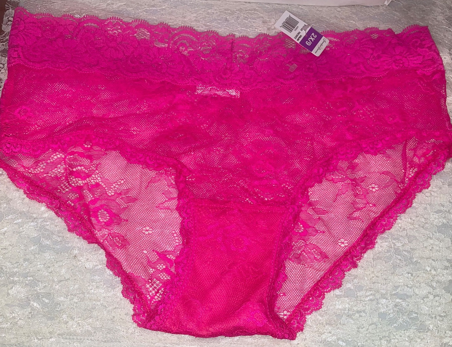 Jennifer Lauren Plus Size Hipster Panty 2X 9 Sheer Hot Pink Lace