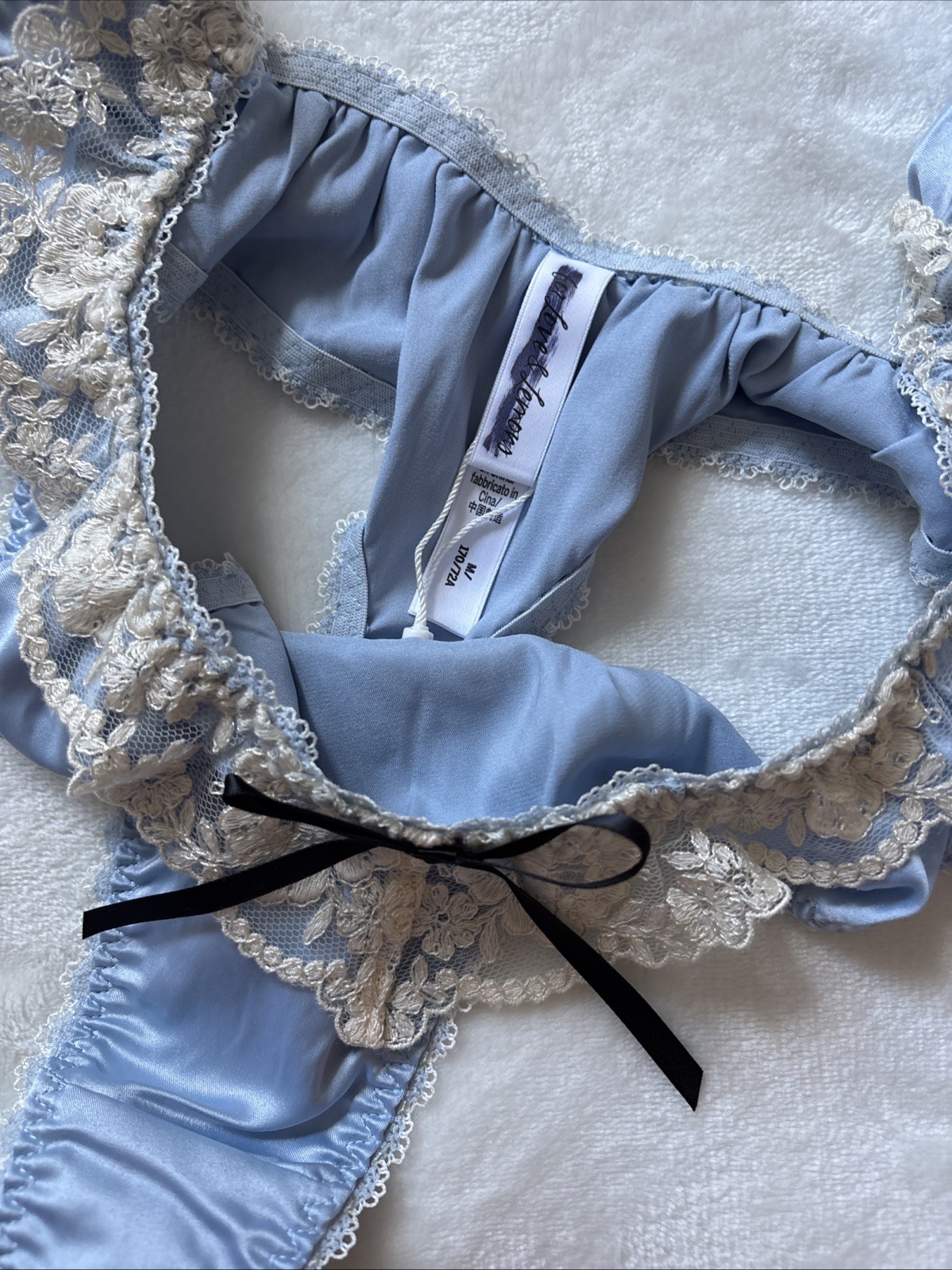 For Love & Lemons Panties Thong Panty Blue Satin Cream Lace Black Bow Medium M