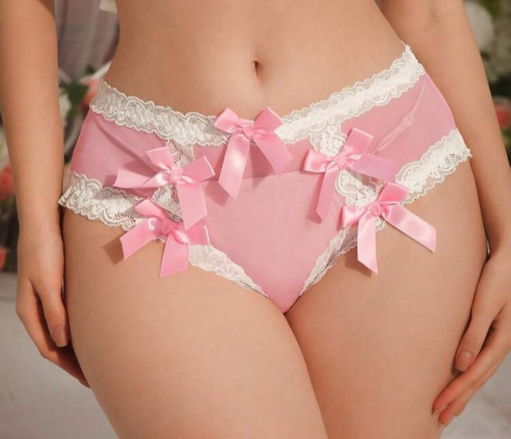 SHEER PINK CHIFFON SISSY PANTIES White Lace Trim Bows Hi Cut Brief XL