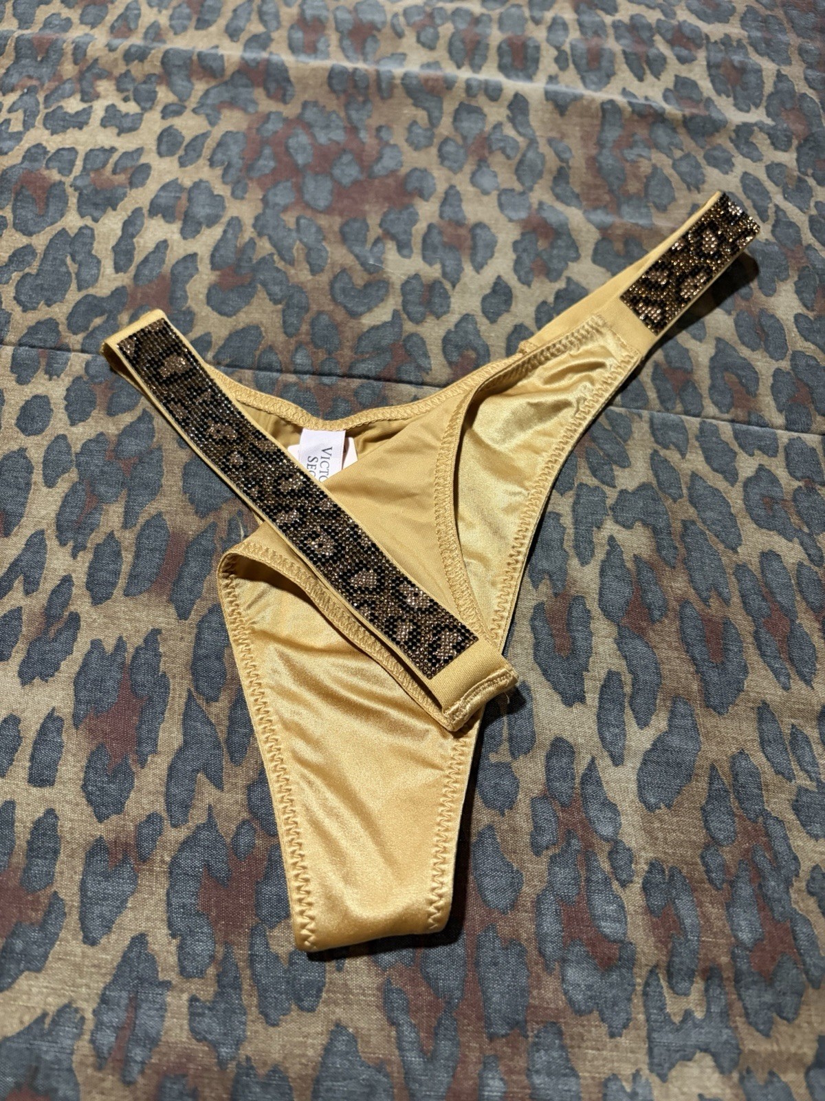 Victoria’s Secret Gold Satin Leopard Shine Rhinestone Strap Thong NWT Sm Or Med
