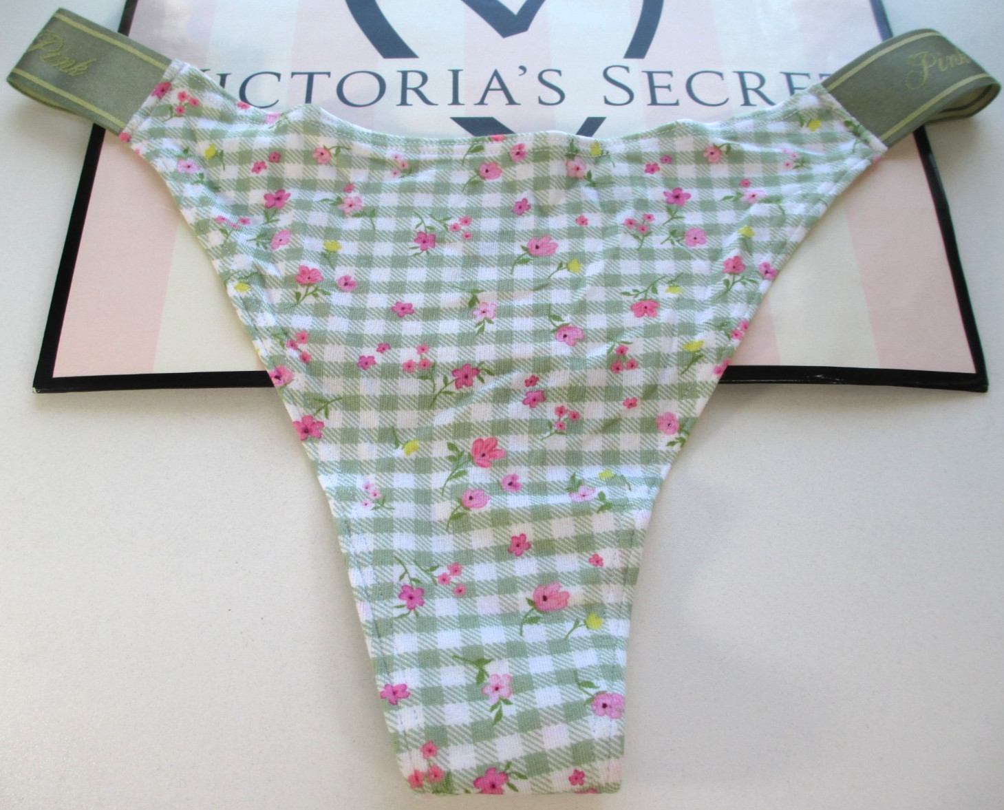 VICTORIA’S SECRET PINK Cotton High Leg Thong Panty S M Green Gingham NWT Logo VS