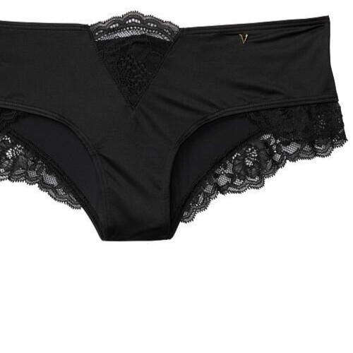 S NOIR Black Satiny Micro Lace Inset Very Sexy Cheeky Victorias Secret Pantie