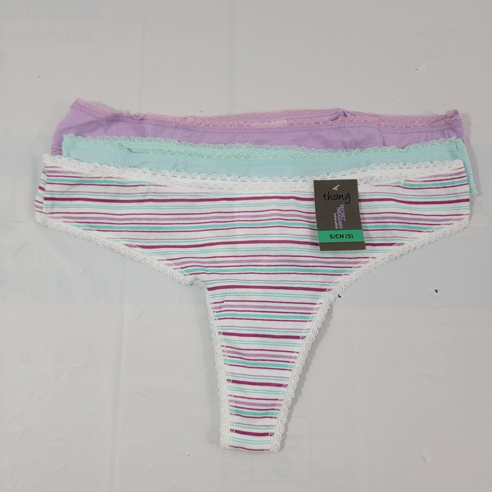 Secret Treasures Women’s 3 Pack Cotton Blend Lace Trim Thong Panties – Small