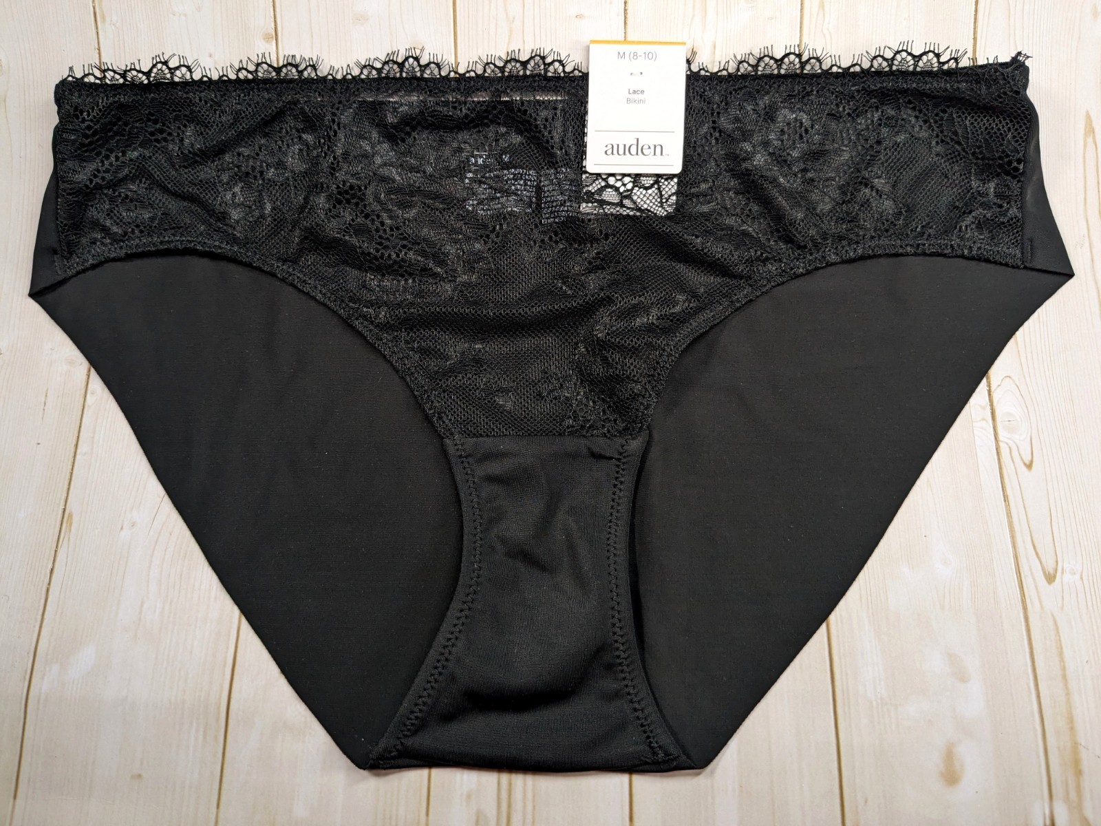 NWT Auden Black Sheer Lace Front Solid Back Bikini Panties Size M (8-10) Target
