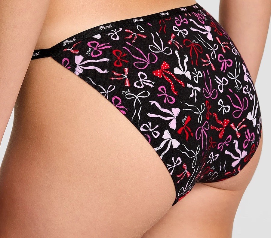 Victoria Secret PINK LOGO COTTON STRING BIKINI PANTY black bow XL Christmas Soft